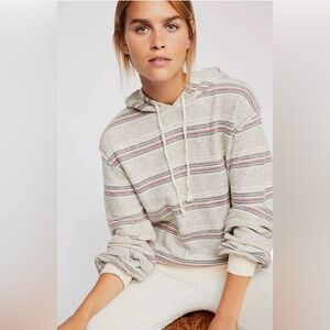 Free People Beach Carry On Hoodie XS Striped Knit Sweatshirt Pullover Gray Red